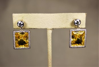 Fine Sterling Silver Pierced Earrings Having Square Citrine Stones