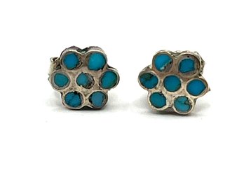 Vintage Sterling Silver Turquoise Color Flower Stud Earrings