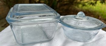 2 VTG Fire King 'Philbe' Ice Blue Refrigerator Dish 5.5' And Individual Lidded Dish  3' Diameter No Issues