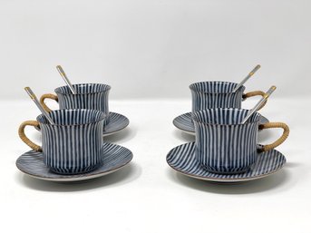 Beautifully Glazed Porcelain Blue Stripes Cup And Saucer Set And Four Wallace Silversmiths Teaspoons