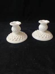 Hob Nail Milk Glass Candle Stick Holders