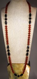 Fine Strand Of Genuine Black Onyx And Carnelian Beads Necklace 32' Long