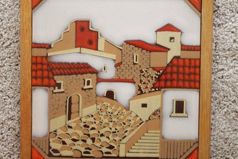 Large Italian Glazed Village Scene Framed Ceramic Tile