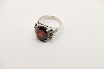 Sterling Silver Large Red Stone Marcasite Ring Size 7.50