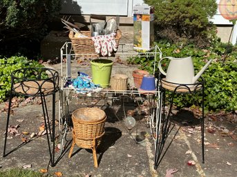 A Great Vintage Wire Plant Stand Loaded With Gardening Tools & More