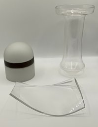 Miscellaneous Glass Pieces - Frosted Glass Dome W/Cobalt Blue Saratoga Bottle Glass, Tray & Funky Vase