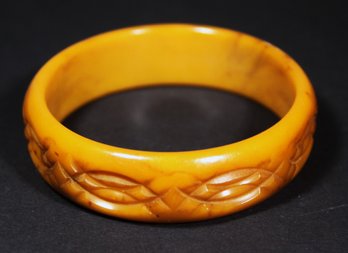 Large Carved Butterscotch Bakelite Plastic Bangle Bracelet