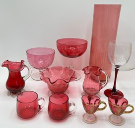 Vintage Cranberry Glass Vase, Cups, Wine Glasses, & Pitchers, Some Hand Blown (11 Pieces)