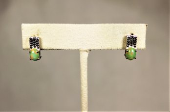 Pair Fine Sterling Silver Green Stone Pierced Earrings