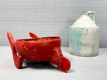 Primitive Crockery And A Carved Wood Planter In Wheelbarrow Form