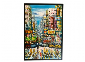 MCM Impressionist Painting Bustling Cityscape Asian City Scene