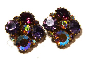 Pair Fine Aurora Borealis Rhinestone Clip Earrings