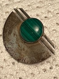 Modernist Sterling Silver And Malachite Pin