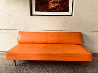 Vintage Mid Century Orange Vinyl Bench/sofa