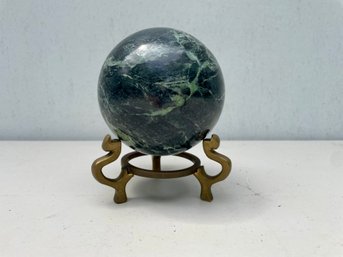 Deep Green Marble Stone Sphere On Brass Stand