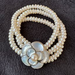 Expandable Mother Of Pearl & Cultured Pearl Triple Strand Flower Bracelet