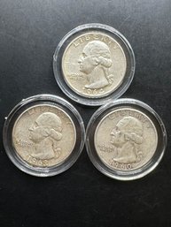 3 Washington Silver Quarters 1960-D, 1962, 1964