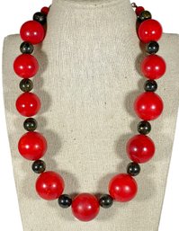 Red And Black Bakelite Plastic Vintage Necklace W Large Red Beads