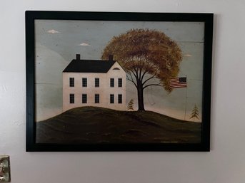 Warren Kimble Country Folk Art Wood Painting - House On A Hill