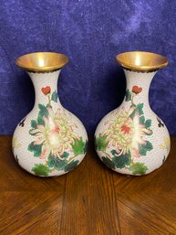 2 Piece Mid-Century Vintage Japanese Cloisonn Copper & Enamel Peonies Vase