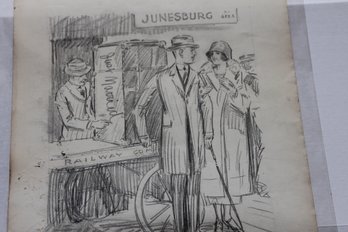 1920s Original Pencil Art  Cartoon Magazine Illustration 5 - Just Married At Train Station- LARGE 23 Inches