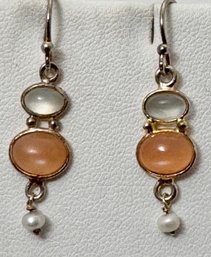 STERLING SILVER MOONSTONE, PEACH MOONSTONE & PEARL DANGLE EARRINGS