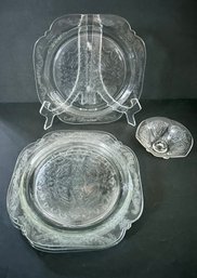 Clear Depression Glass 4 Dinner Plates Federal Glass 'Madrid' & Hazel Atlas Candlestick Holder 'Royal Lace'