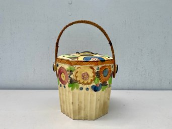 1930s Pale Yellow Floral Cookie Jar With Woven Handle, Made In Japan