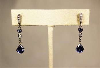 Very Pretty Sterling Silver White Stone And Sapphire Pierced Earrings Drops