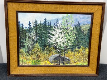 Landscape Painting Pine Trees Dogwood In Bloom Oil On Canvas 20.5x16 Textured Mat Framed