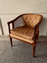 Vintage MCM Cane Sided Button Tufted Barrel Chair