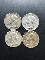 4 Washington Silver Quarters 1959, 1960, 1960-D, 1962