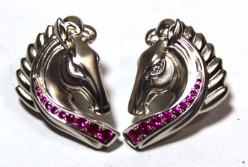 Super Fine Designer Signed 'CAMERON' Sterling Ruby Diamond Horse Head Pierced Earrings