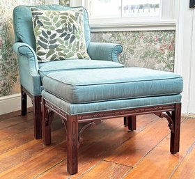 A Vintage Southwood Arm Chair And Ottoman In Silk With Down Cushions