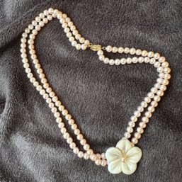 Hand Knotted Double Strand Pink Cultured Pearl Necklace With Flower Pendant 14K Clasp
