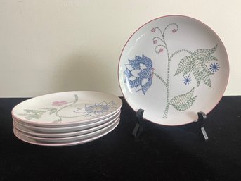 Set Of Taste Setter Collection White Cross Stitch Whimsical Flowers 7.5 Salad Plates