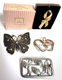 4 Vintage Pins: Avon Breast Cancer Ribbon In Original Box, Rhinestone Butterfly, Apple With Pearl & Flowers