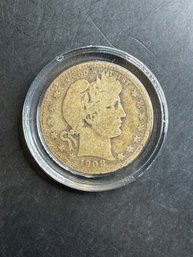 1908-D Barber Silver Quarter