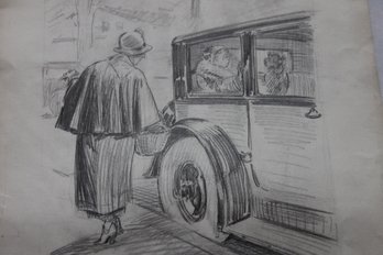 1920s Original Pencil Art  Cartoon Magazine Illustration 6 - Wealthy Woman In Automobile  - LARGE 23 Inches