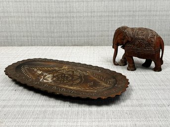 A Carved Indian Wood Elephant And Tray