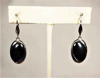 Sterling Silver Pierced Black Oval Stone Drop Pierced Earrings