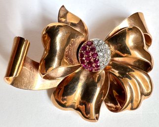 Vintage 14K Gold Bow Pin With Stones