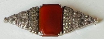 LOVELY ART DECO STERLING SILVER CARNELIAN AND MARCISITE BROOCH