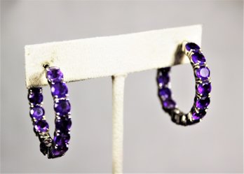 Fine Sterling Silver And Genuine Amethyst Hoop Pierced Earrings