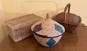 Trio Of Vintage Woven Covered Baskets