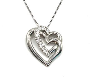 Sterling Silver Double Heart With Clear Stones Pendant Necklace