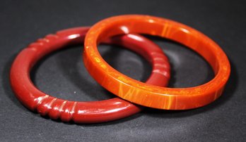 Two Vintage Bakelite Bangle Bracelets Red And Red/orange