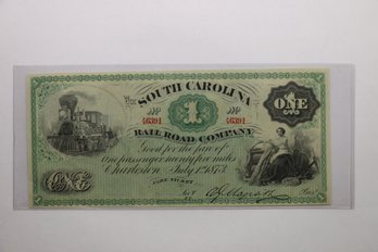 1873 South Carolina Railroad Fare Currency Note