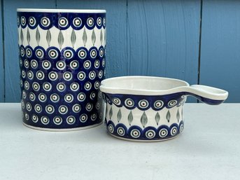 Handmade Polish Pottery Utensil Holder And Gravy Bowl