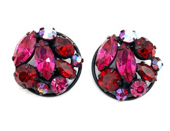 Vintage REGENCY Dark Pink Stones Circle Clip On Earrings